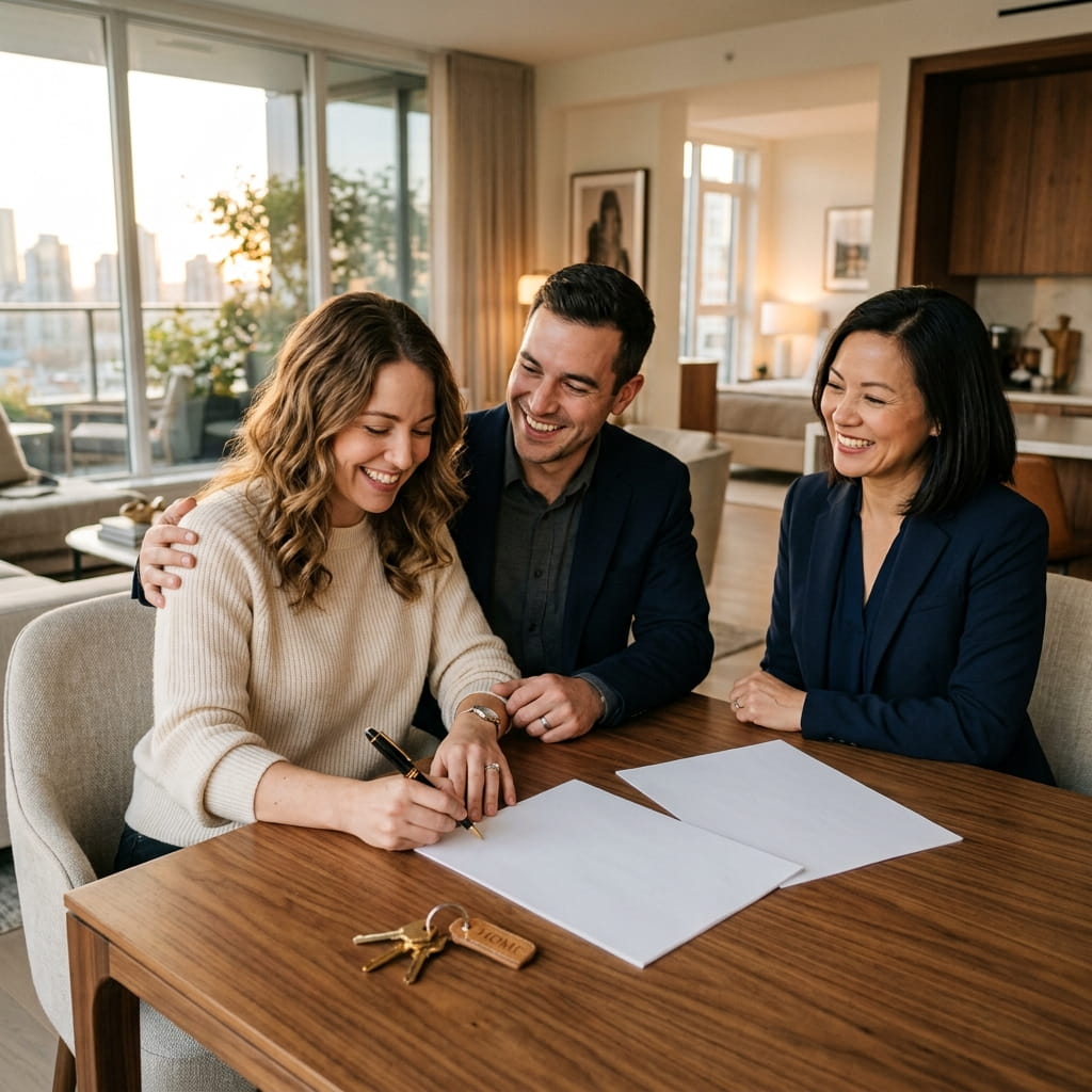 Pareja firmando la compra de una propiedad junto a una agente inmobiliaria